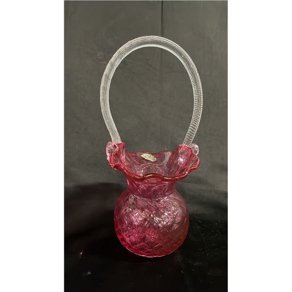 VINTAGE CHALET CANADA CRANBERRY GLASS BASKET WITH CLEAR TWIST GLASS HANDLE 12" T