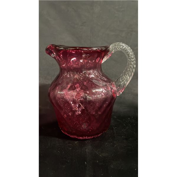 CRANBERRY GLASS PITCHER WITH CLEAR GLASS HANDLE 6"T