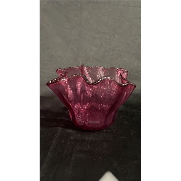 CRANBERRY GLASS RUFFLED TOP BOWL 7" WIDE