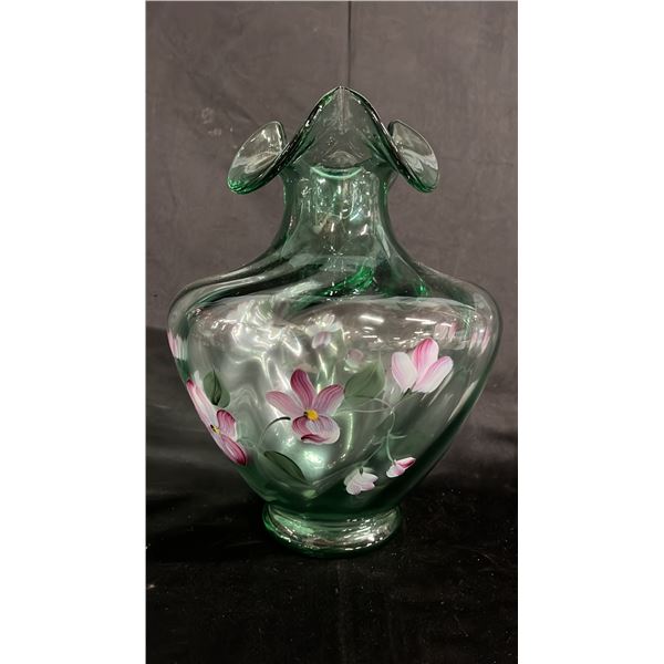 FENTON GREEN GLASS VASE HAND PAINTED BY D. BARLOW: 11" TALL