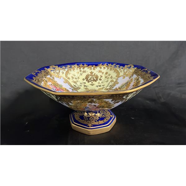 GERMAN BLUE & GILT PORCELAIN FOOTED BOWL: 6"T X 13"W