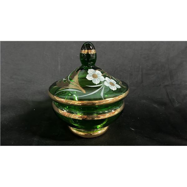 GREEN LIDDED CANDY DISH WITH WHITE & GILT FLOWERS 7" T