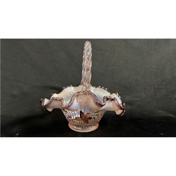 FENTON IRIDESCENT PINK RIBBON CANDY GLASS BASKET 8" TALL