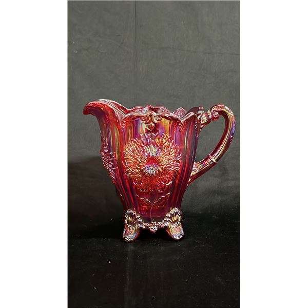 MOSSER CRANBERRY CARNIVAL GLASS FOOTED PITCHER 8" TALL