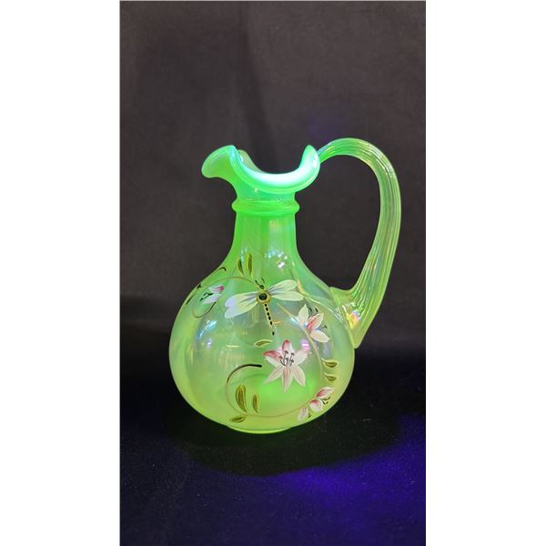 FENTON 5.5"T IRIDESCENT TOPAZ "LILY TRAIL" URANIUM GLASS CRUET PAINTED BY P. HEAK - NO LID