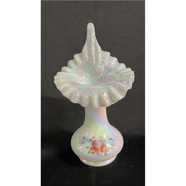 FENTON IRIDESCENT JACK-IN-THE-PULPIT GLASS VASE PAINTED BY D. BARBOUR 9.5" T