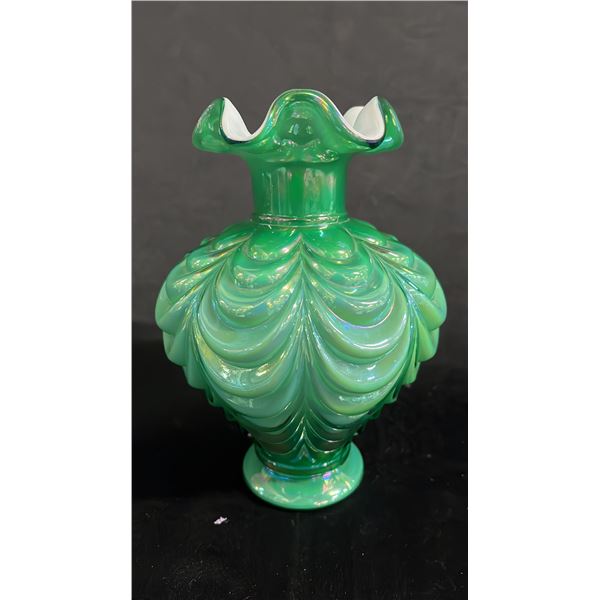 FENTON IRIDESCENT EMERALD GREEN GLASS DRAPERY VASE 7"T