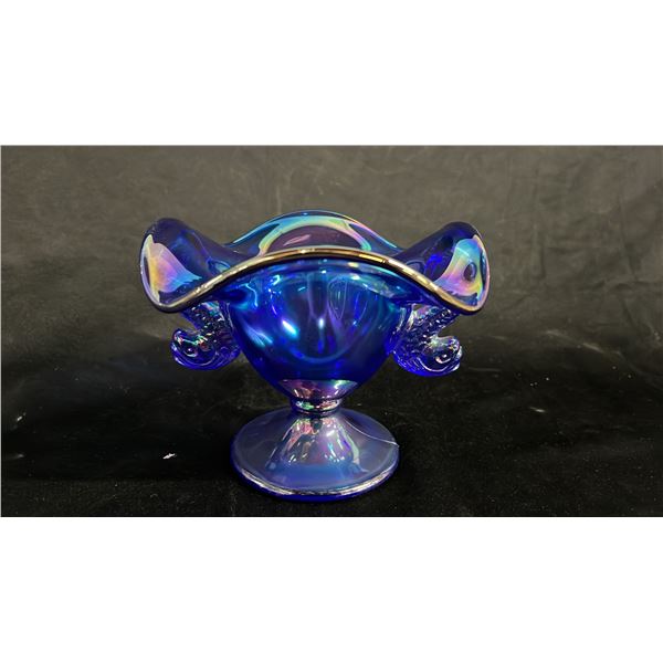 FENTON IRIDESCENT BLUE COMPOTE DISH 6.5" WIDE