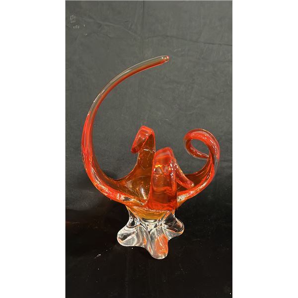 CHALET CANADA ORANGE ART GLASS CENTERPIECE BOWL WITH A CLEAR BASE 9" TALL