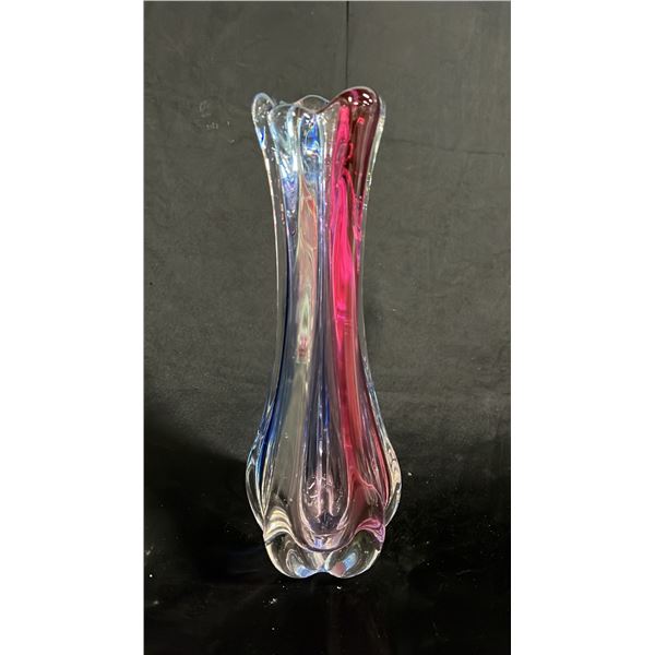 CRANBERRY, COBALT & CLEAR ART GLASS VASE 12" TALL