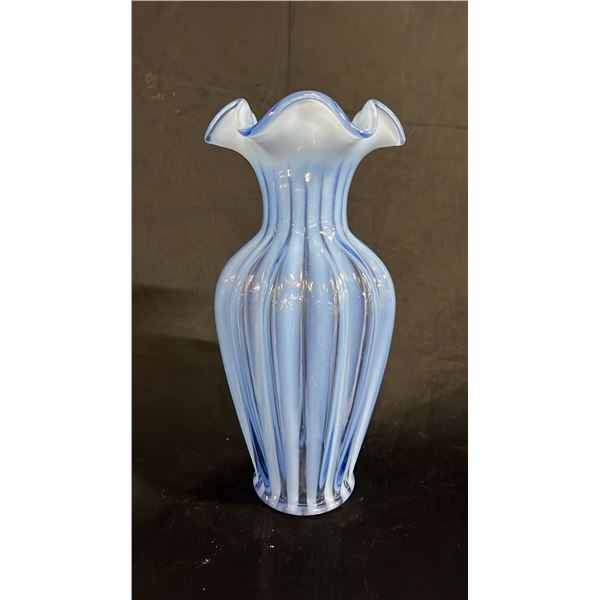 FENTON BLUE OPALESCENT STRIPED RUFFLE VASE 11" TALL