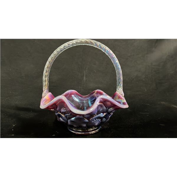 FENTON IRIDESCENT PLUM BASKET WITH CLEAR, TWIST GLASS HANDLE 7"  TALL