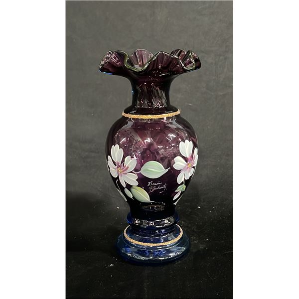 FENTON MULBERRY GLASS VASE HAND PAINTED BY BRIAN FLUHARTY 8.5" WIDE