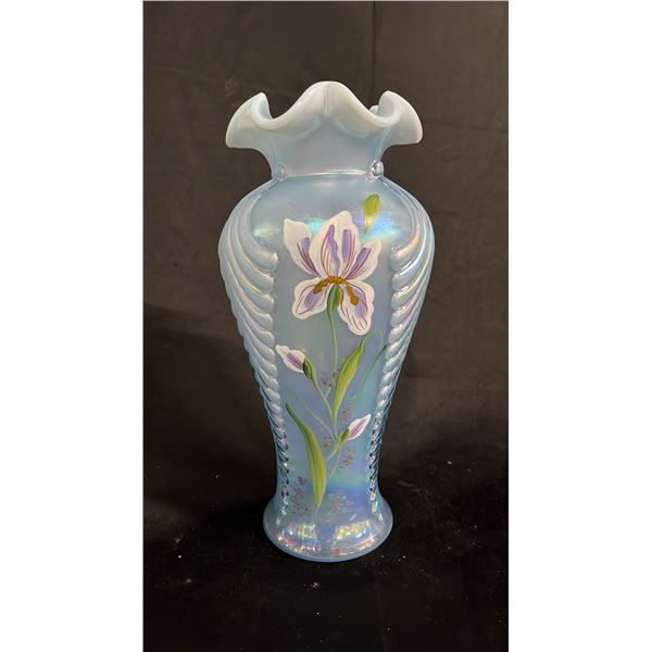 FENTON IRIDESCENT BLUE VASE WITH IRISES HAND PAINTED BY S. STEPHENS 11"  TALL