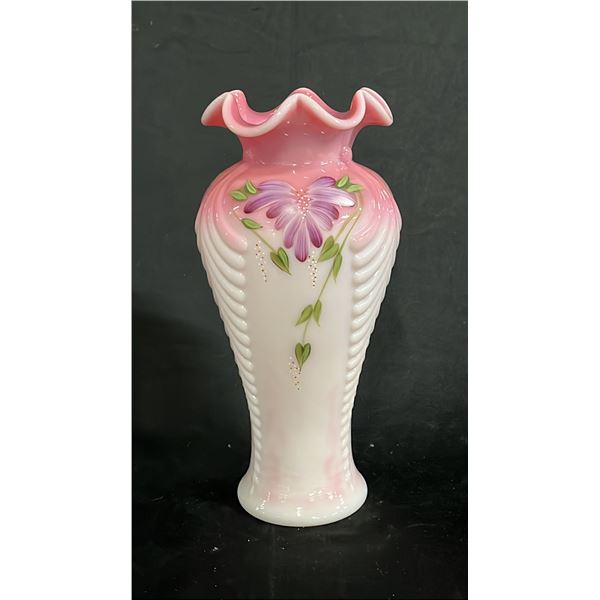 FENTON "HONOR COLLECTION" PINK VASE HAND PAINTED BY S. FISHER: NO. 243/1750: 11" TALL