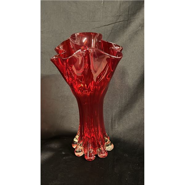 ART GLASS RED RUFFLED VASE 12" TALL