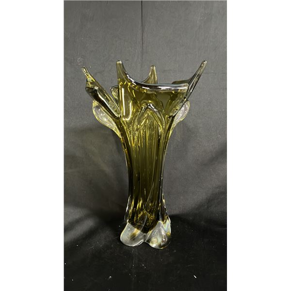GREEN ART GLASS VASE 12.5"  TALL