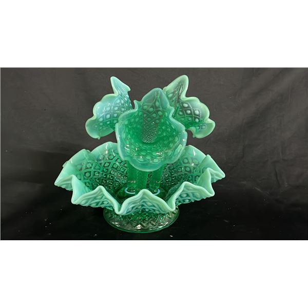 LARGE FENTON GREEN URANIUM GLASS EPERGNE: #449/1000 10" WIDE