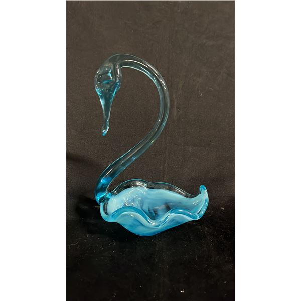 BLUE ART GLASS SWAN BOWL 6.5" TALL