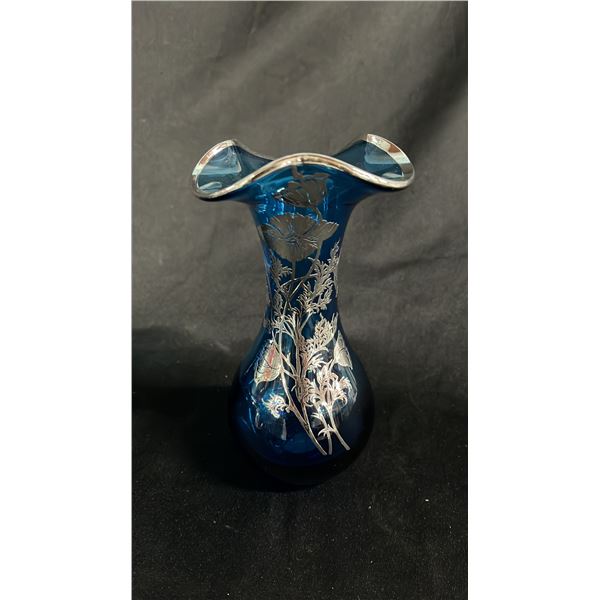 BLUE RUFFLED ART GLASS VASE WITH SILVER FLOWERS 7" TALL