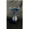 Image 1 : BLUE RUFFLED ART GLASS VASE WITH SILVER FLOWERS 7" TALL