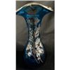 Image 2 : BLUE RUFFLED ART GLASS VASE WITH SILVER FLOWERS 7" TALL
