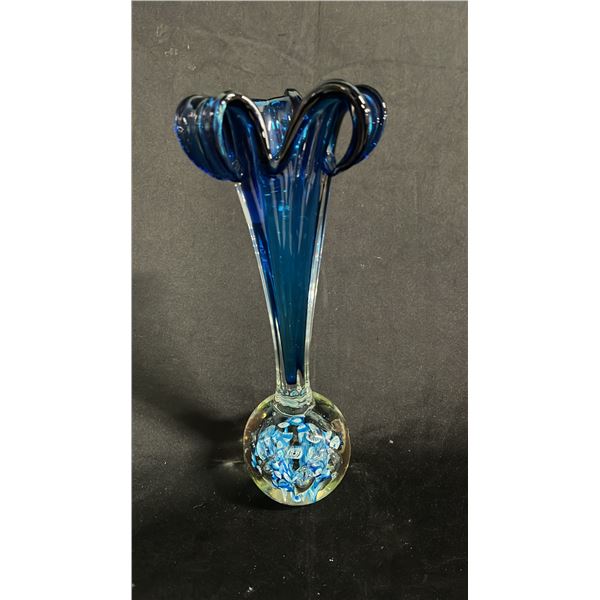 JAPANESE ART GLASS TULIP VASE WITH ENCASED MILLEFIORI BASE 11" TALL