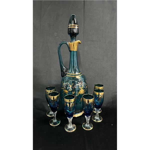 COBALT BLUE GLASS & GILT DECANTER WITH (6) SMALL LIQUEUR GLASSES 16" TALL