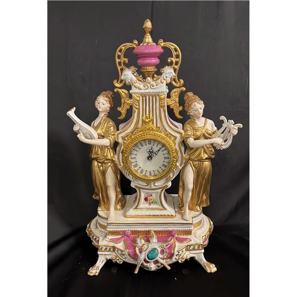 DRESDEN GERMANY PORCELAIN BATTERY OPERATED TABLE CLOCK: 20"T X 14"T