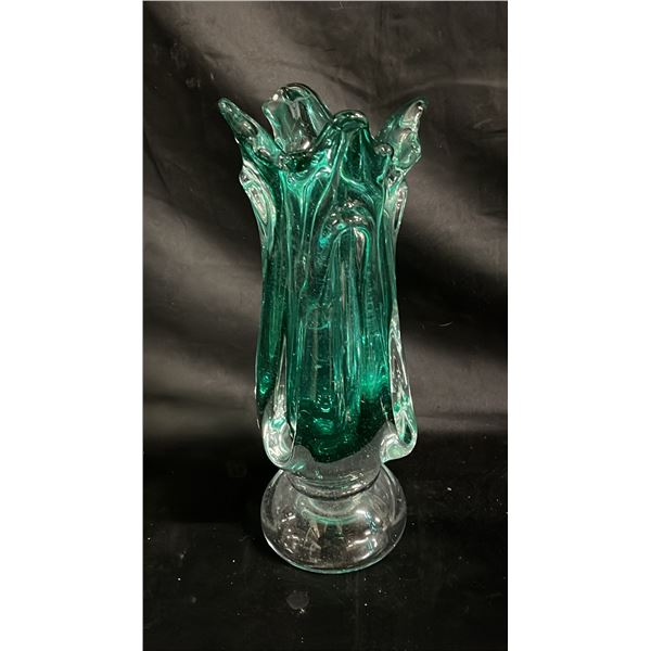 GREEN ART GLASS VASE WITH CLEAR VASE 12" TALL