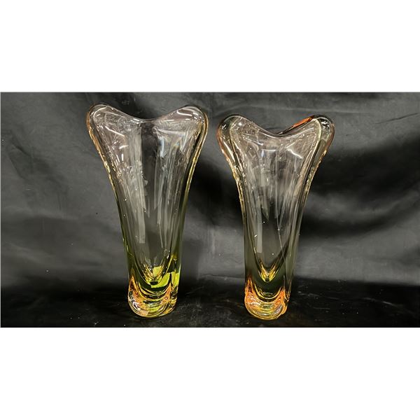 (2) VINTAGE HONEY AMBER SWUNG GLASS VASES 11.5" TALL