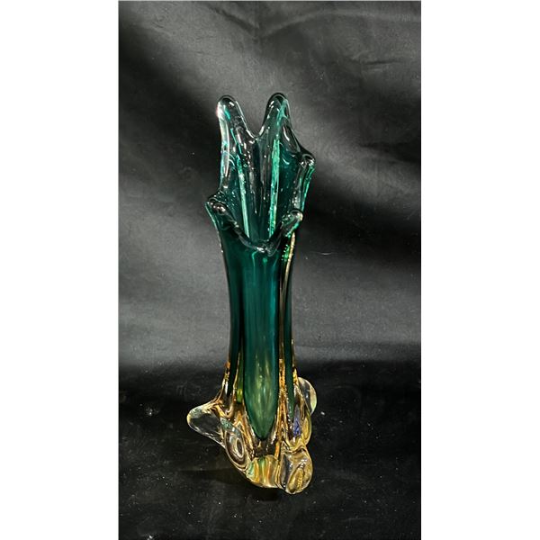 SEGUSO STYLE GREEN AND YELLOW ART GLASS VASE  10" TALL