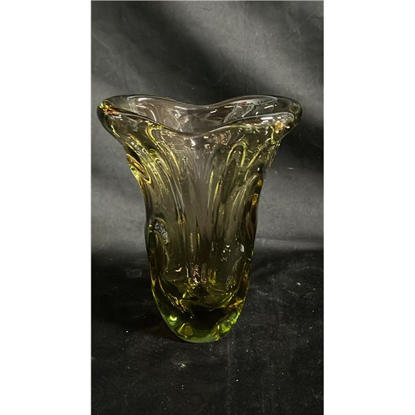 OLIVE GREEN ART GLASS VASE 8" TALL