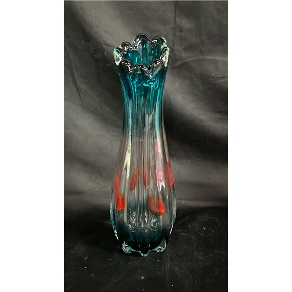 VINTAGE BLUE & ORANGE RIBBED ART GLASS VASE 13" TALL