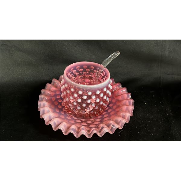 CRANBERRY OPALESCENT HOBNAIL JAM SET 6.5" WIDE