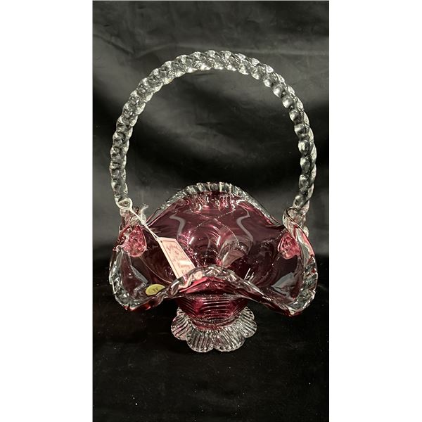 ROSSI CANADIAN CRANBERRY GLASS BASKET WITH CLEAR TWISTED GLASS HANDLE 12" TALL