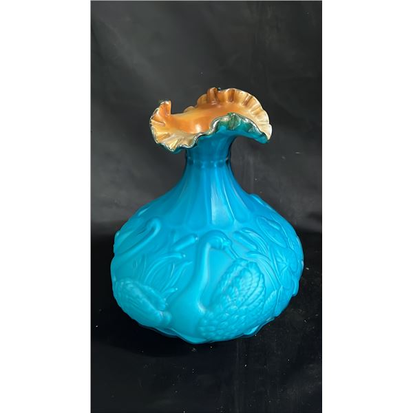 FENTON GOLD & AZURE EMBOSSED GLASS VASE: #568/1500 8" TALL