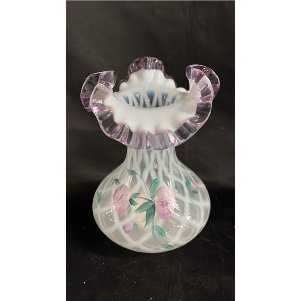 FENTON OPALESCENT DUSTY ROSE FRENCH TRELLIS ART GLASS VASE 8" TALL