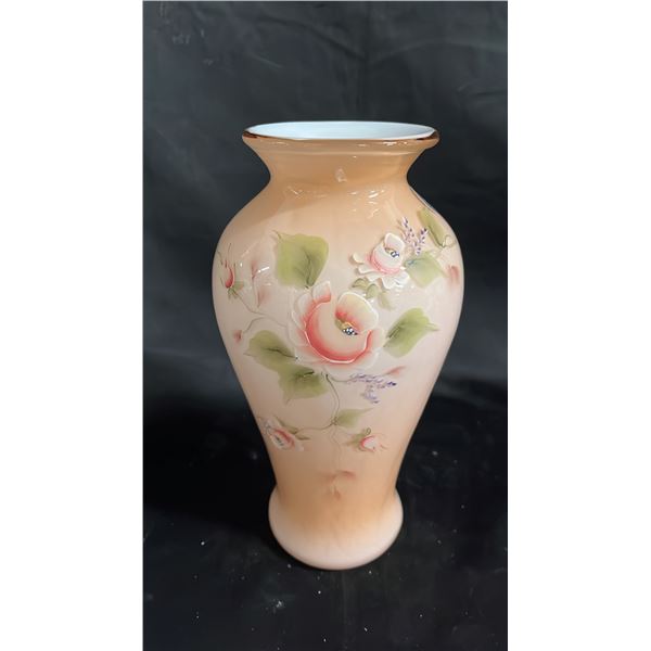 FENTON SUNSET OVERLAY HAND-PAINTED PRINCESS ROSES VASE 9.5" TALL