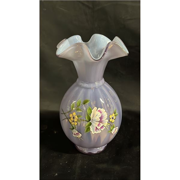 FENTON LAVENDER OPALINE HAND PAINTED SWEETBRIAR VASE: #192/1500 9" TALL