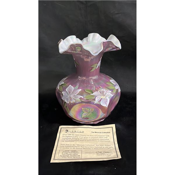 FENTON "THE MUSEUM COLLECTION" PLUM OVERLAY HAND PAINTED PINCHED VASE 8" TALL