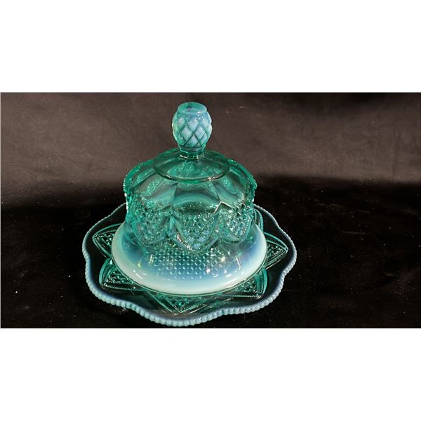 AQUA OPALESCENT 2 PIECE BUTTER/CHEESE DISH 7.5" WIDE
