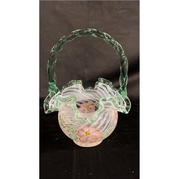 FENTON "MEADOW BEAUTY" HAND PAINTED GLASS BASKET 7.5" TALL