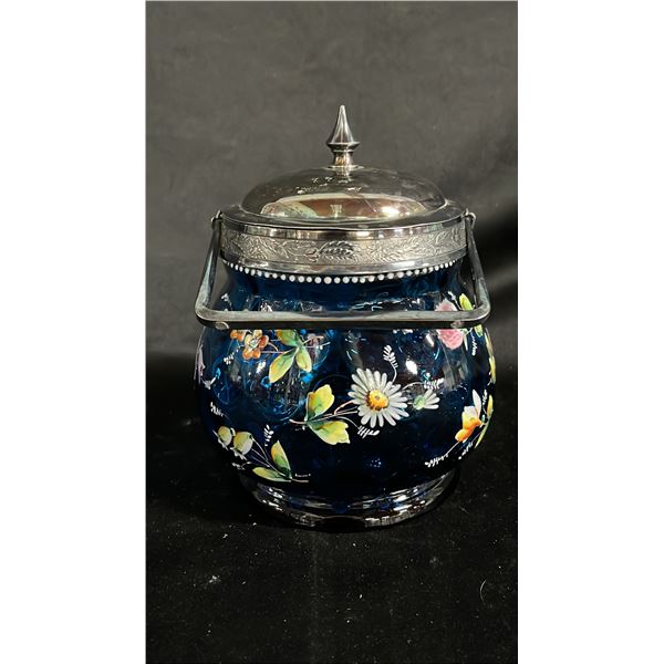BLUE GLASS BISCUIT JAR WITH HAND PAINTED FLORAL DESIGN 6" TALL