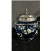 Image 1 : BLUE GLASS BISCUIT JAR WITH HAND PAINTED FLORAL DESIGN 6" TALL
