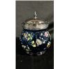 Image 2 : BLUE GLASS BISCUIT JAR WITH HAND PAINTED FLORAL DESIGN 6" TALL
