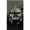 Image 3 : BLUE GLASS BISCUIT JAR WITH HAND PAINTED FLORAL DESIGN 6" TALL
