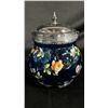 Image 4 : BLUE GLASS BISCUIT JAR WITH HAND PAINTED FLORAL DESIGN 6" TALL