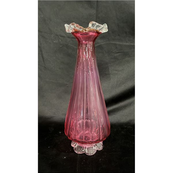 VINTAGE CRANBERRY GLASS RIBBED VASE  13" TALL