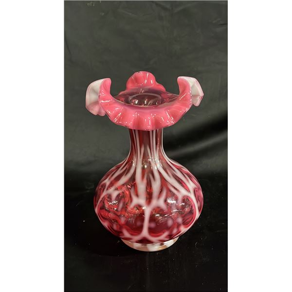 FENTON CRANBERRY GLASS SPANISH LACE RUFFLED VASE 8" TALL